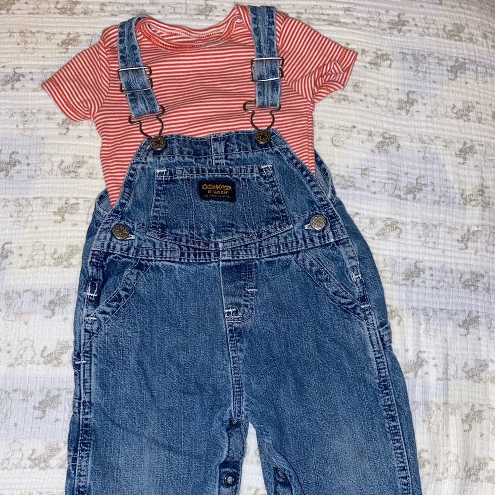 Boy’s 12mo’s OshKosh Overalls and orange and white onesie also 12mo